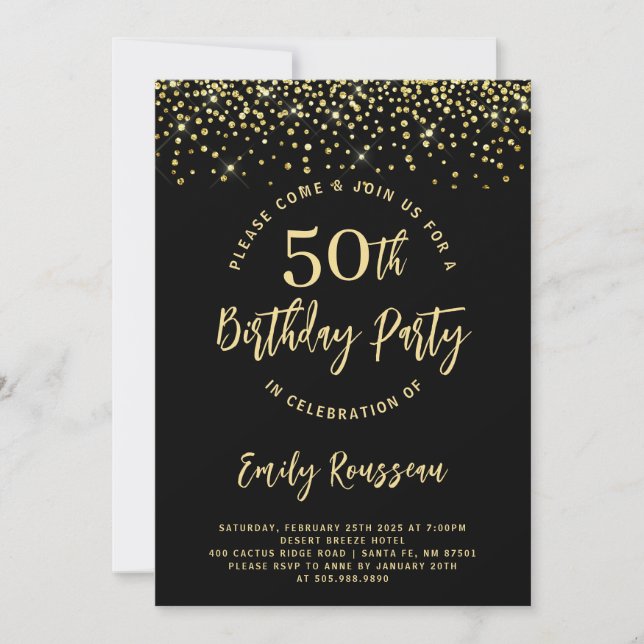 50th Birthday Gold Glitter Confetti Black Invitation (Front)