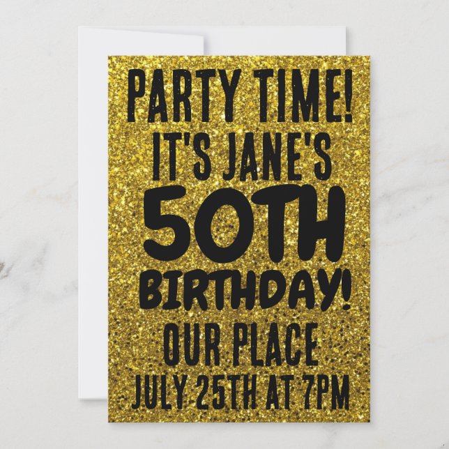 50TH BIRTHDAY GOLD GLITTER CUSTOM INVITATIONS (Front)