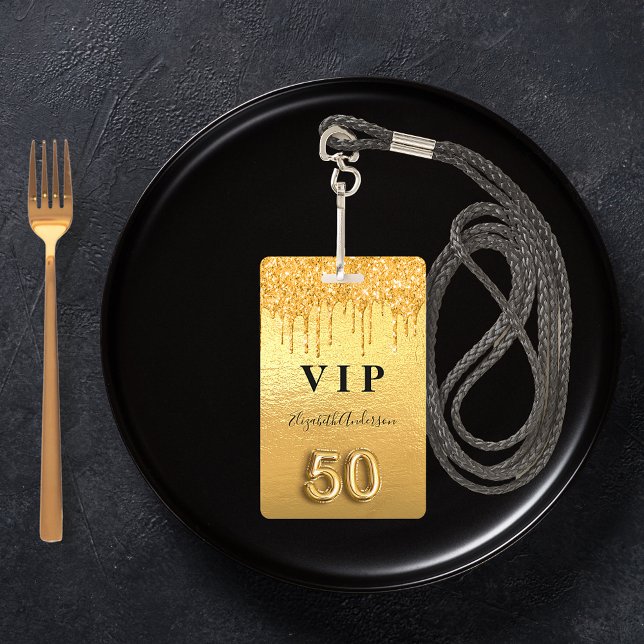 50th birthday gold glitter drips ID badge (Creator Uploaded)