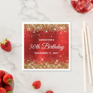 50th Birthday Gold Glitter Red Foil Napkin