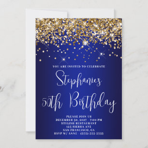 50th Birthday Gold Glitter Royal Blue Navy Ombre Invitation