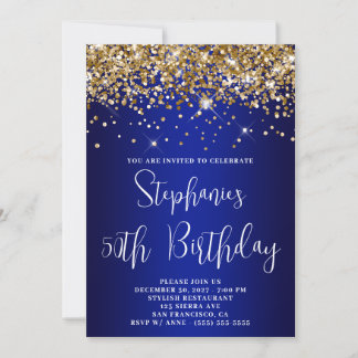 50th Birthday Gold Glitter Royal Blue Navy Ombre Invitation