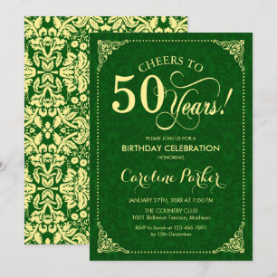 50th Birthday - Gold Green Damask Invitation