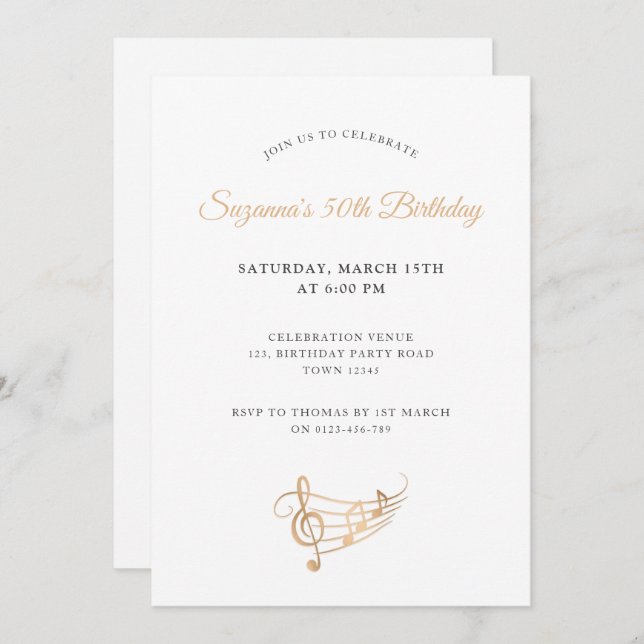 50th Birthday Gold Music Notes Elegant Invitation (Front/Back)