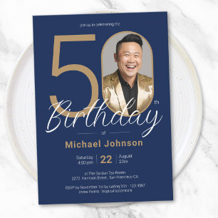 50th Birthday Gold Navy Blue Simple Custom Photo Invitation