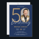 50th Birthday Gold Navy Blue Simple Custom Photo Invitation<br><div class="desc">50th Birthday Gold Navy Blue Simple Custom Photo Invitation. Celebrate your milestone birthday in sleek, modern style with our "Minimalist Chic" theme design, where the simplicity of Minimalist elegance meets the allure of Custom Photo personalisation. This simple and chic design allows your custom photo to take centre stage, making your...</div>