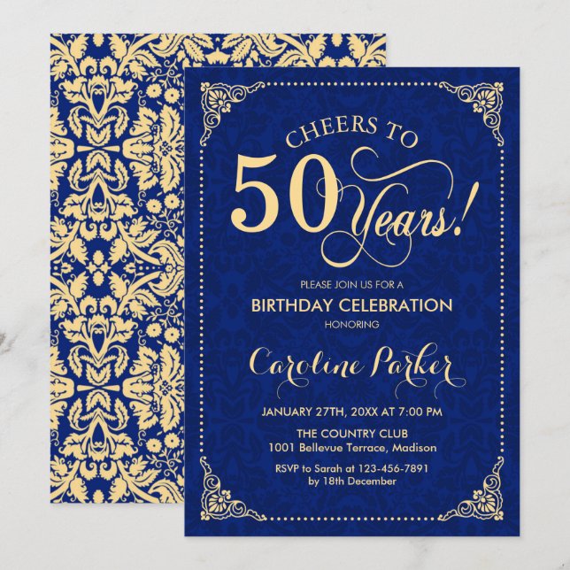 50th Birthday - Gold Navy Damask Invitation (Front/Back)