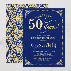 50th Birthday - Gold Navy Damask Invitation