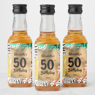 50th Birthday Gold on Colourful Plants Mini Liquor Bottle Label