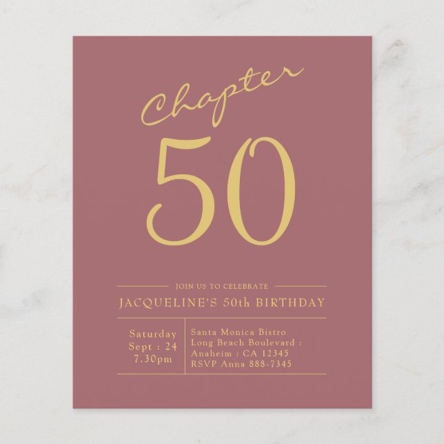 50th Birthday Gold Pink Budget Invitation Flyer (Front)