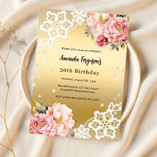 50th birthday gold pink florals invitation