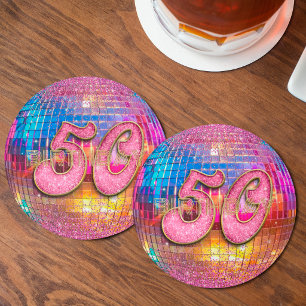 50th Birthday Gold Pink Glitter Dancing Disco Ball Round Paper Coaster