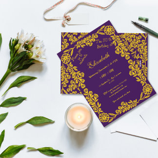 50th Birthday Gold Purple Botanical Floral  Invitation