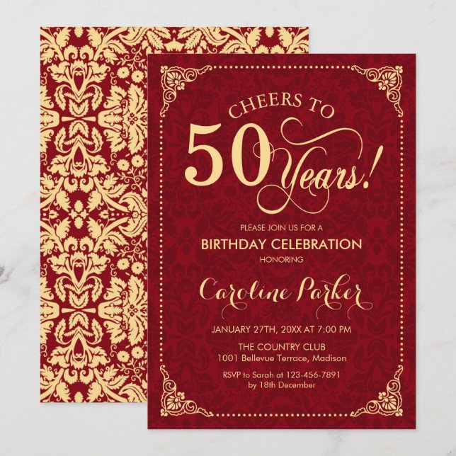 50th Birthday - Gold Red Damask Invitation (Front/Back)