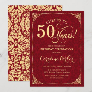 50th Birthday - Gold Red Damask Invitation