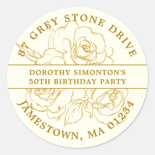 50th Birthday Gold Rose Return Address Label (Front)