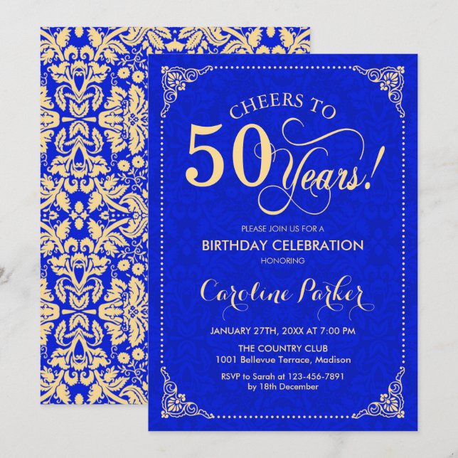50th Birthday - Gold Royal Blue Damask Invitation (Front/Back)