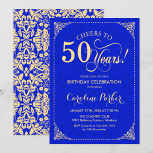 50th Birthday - Gold Royal Blue Damask Invitation