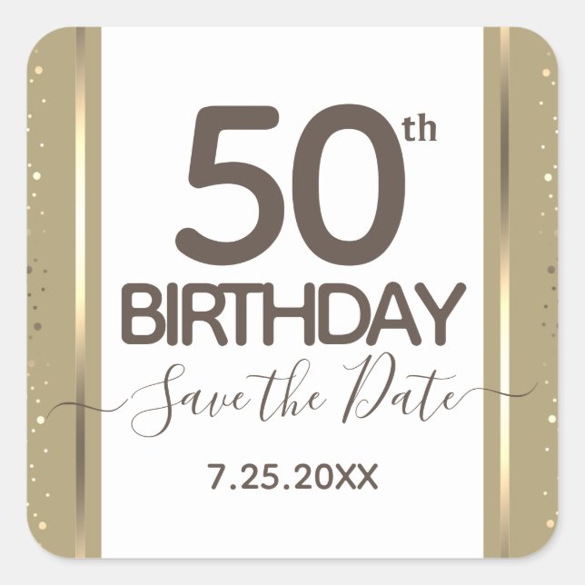 50th Birthday Gold Save the Date Elegant Script Square Sticker (Front)