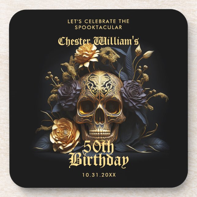 50TH BIRTHDAY GOLD SKULL ROSE HALLOWEEN PARTY  COASTER (Front)