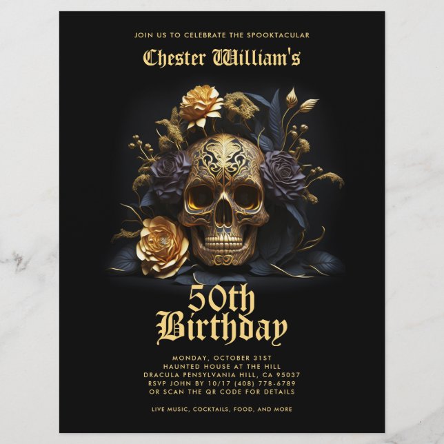 50TH BIRTHDAY GOLD SKULL ROSES HALLOWEEN PARTY  FLYER (Front)