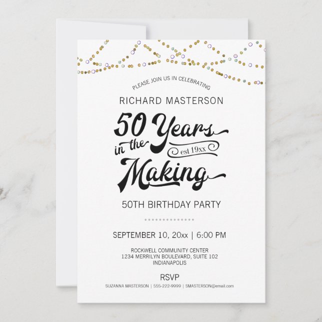 50th Birthday Gold String Lights Invitation (Front)