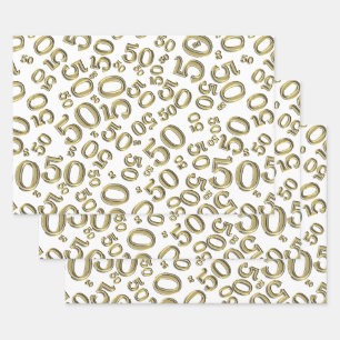50th Birthday Gold & White Random Number Pattern Wrapping Paper Sheet