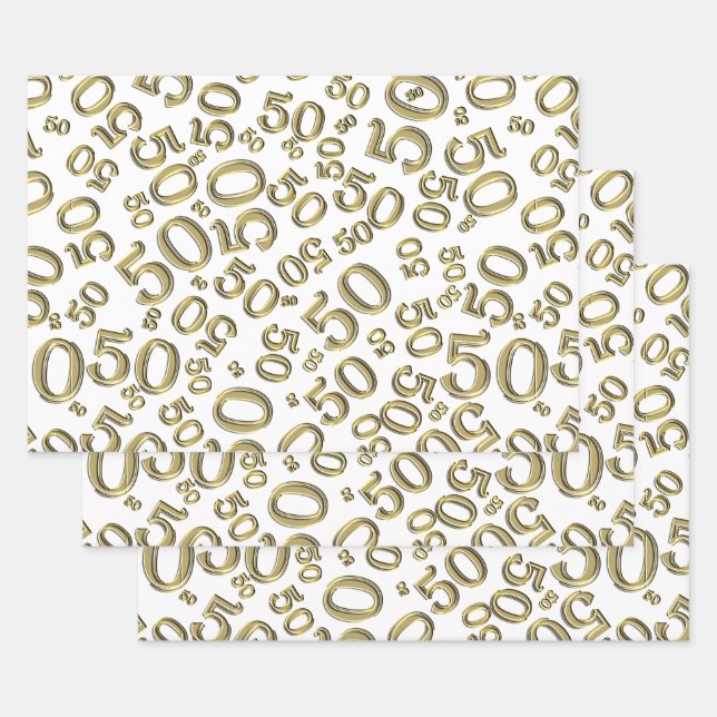 50th Birthday Gold & White Random Number Pattern Wrapping Paper Sheet (Set)