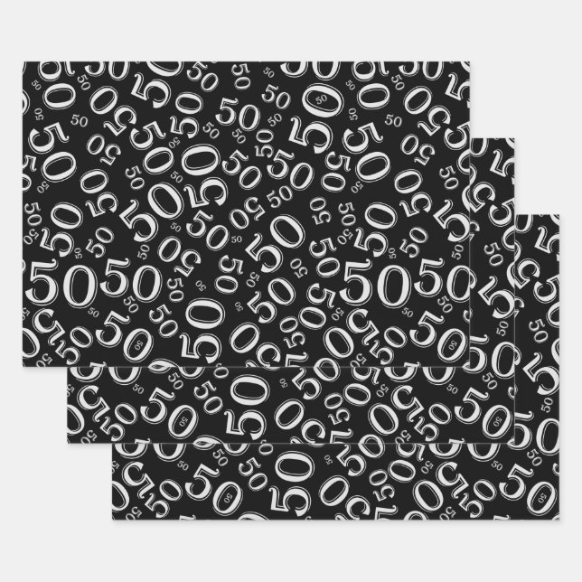 50th Birthday Gold & White Random Number Pattern Wrapping Paper Sheet (Set)