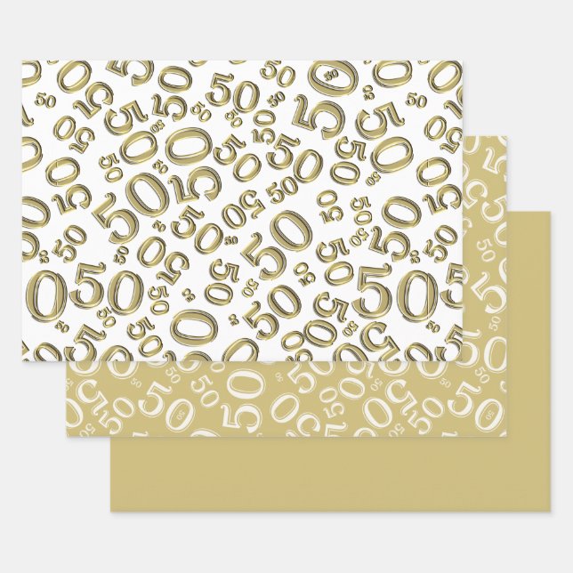 50th Birthday Gold & White Random Number Pattern Wrapping Paper Sheet (Set)