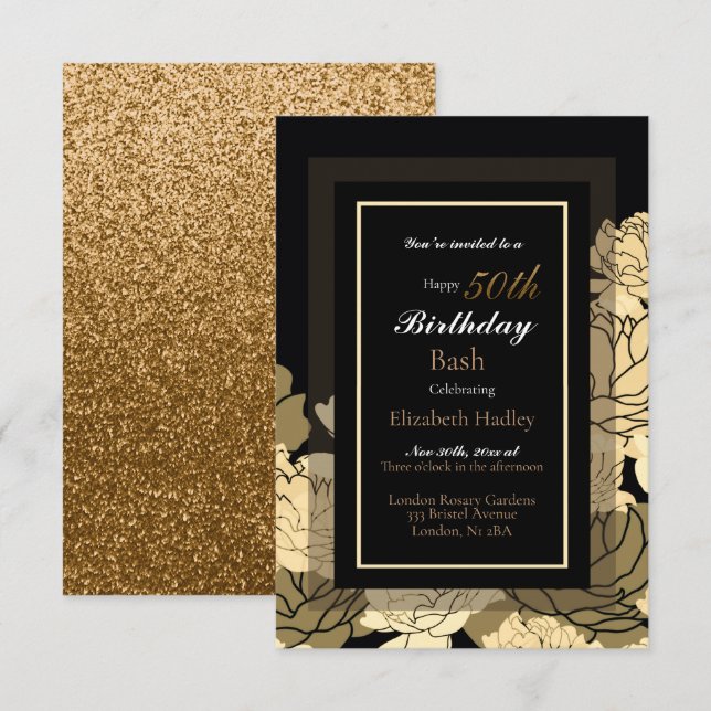 50th birthday gold, yellow & tan rose  card (Front/Back)