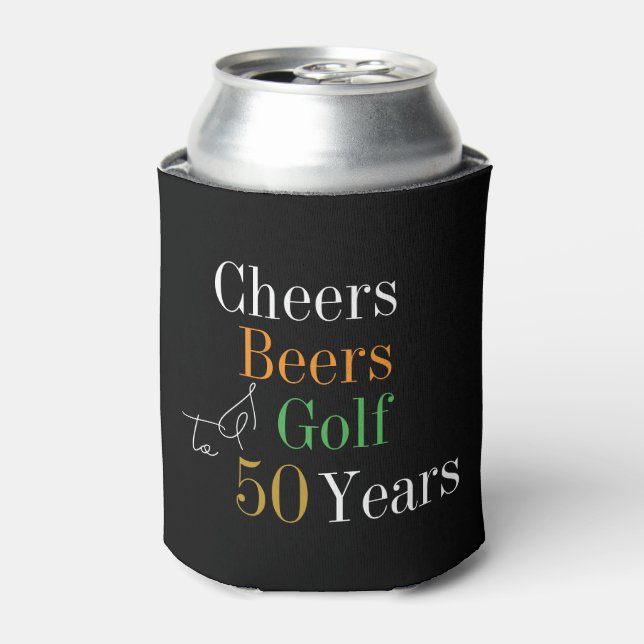 50th Birthday Golf Cheers Beers Party Black Gold Can Cooler (Can Front)