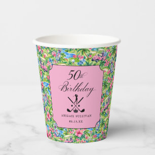 50th Birthday Golf Pink Green Preppy Print Paper Cups