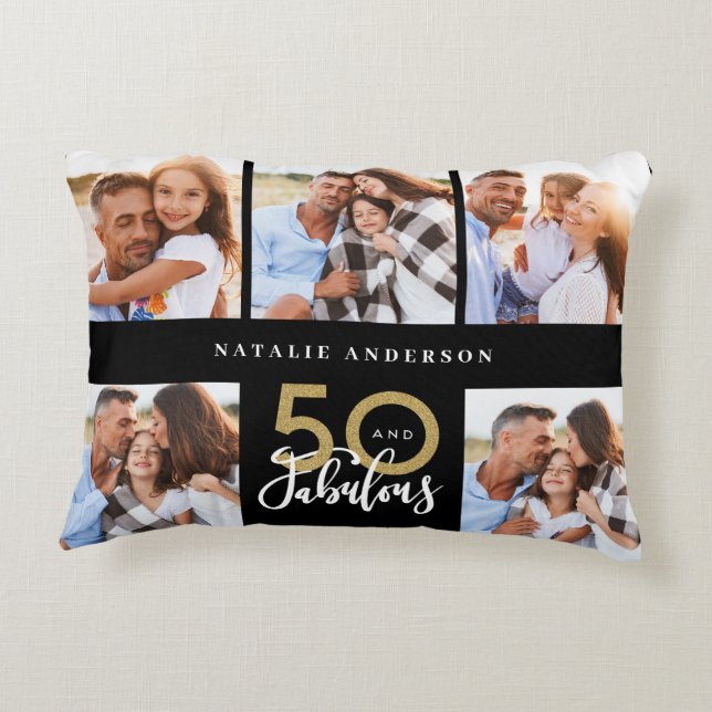 50th birthday good gold black photo collage chic a decorative cushion (Back)