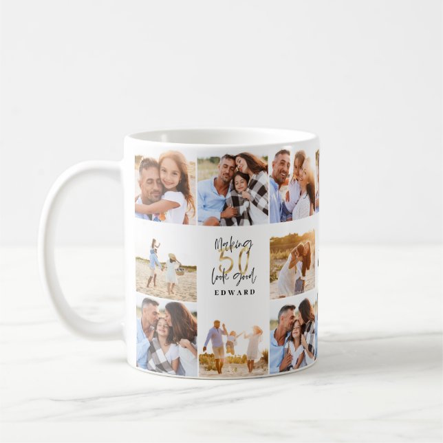 50th birthday good gold black photo collage chic coffee mug (Left)