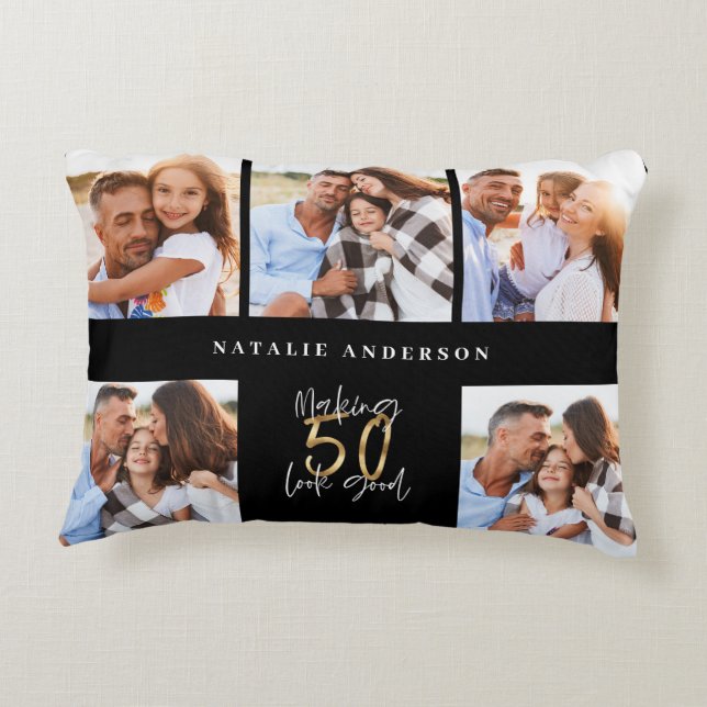 50th birthday good gold black photo collage chic decorative cushion (Back)