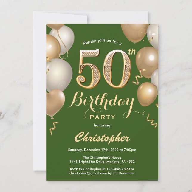 50th Birthday Green and Gold Balloons Confetti Invitation (Front)