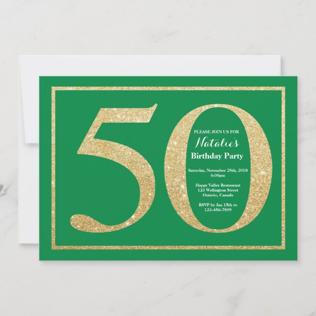 50th Birthday Green and Gold Glitter Invitation (Front)