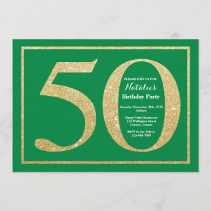 50th Birthday Green and Gold Glitter Invitation