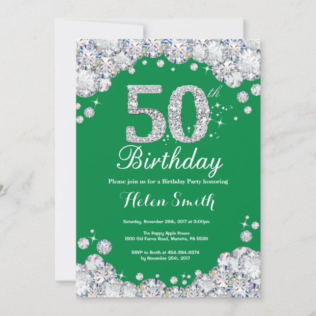 50th Birthday Green and Silver Diamond Invitation (Front)