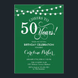 50th Birthday - Green White Invitation<br><div class="desc">50th Birthday Invitation.
Simple emerald forest green and white design with script font and fairy string lights. Cheers to 50 years. Can be personalized into any age! Message me if you need further customization.</div>