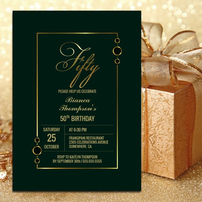 50th Birthday Green with Gold Frame Party Invitation (Creator Uploaded)