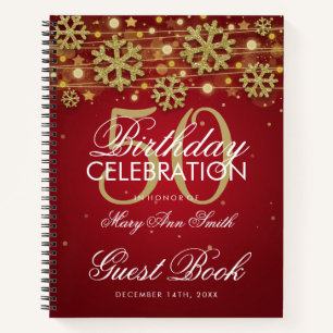 50th Birthday Guestbook Gold Red Winter Notebook