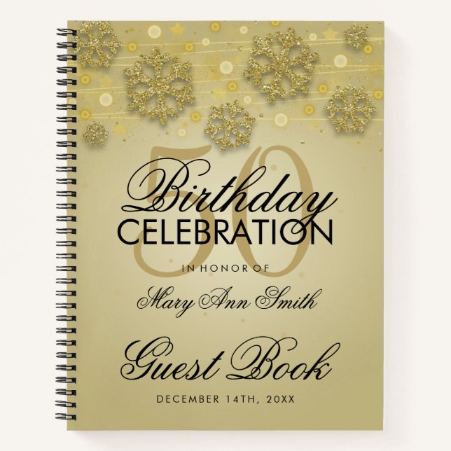 50th Birthday Guestbook Gold Winter Notebook (Front)