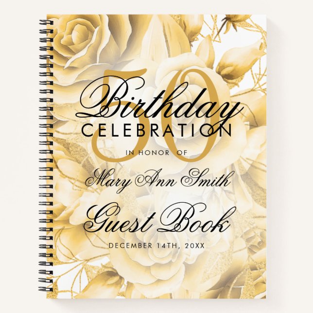 50th Birthday Guestbook Party Floral Gold White Notebook (Front)
