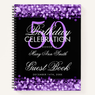50th Birthday Guestbook Party Sparkles Purple Notebook