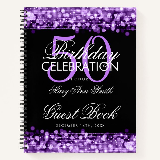 50th Birthday Guestbook Party Sparkles Purple Notebook (Front)