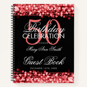 50th Birthday Guestbook Party Sparkles Red Notebook