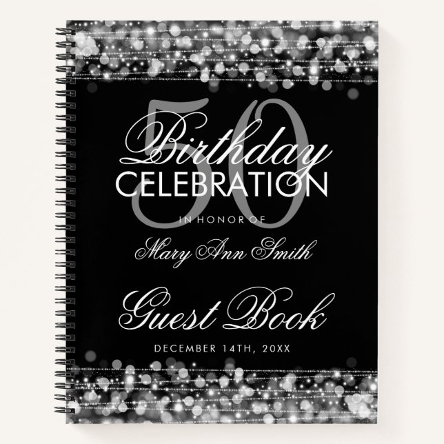 50th Birthday Guestbook Party Sparkles Silver Notebook (Front)