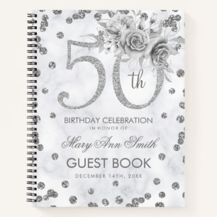 50th Birthday Guestbook Silver Glam Marble Notebook